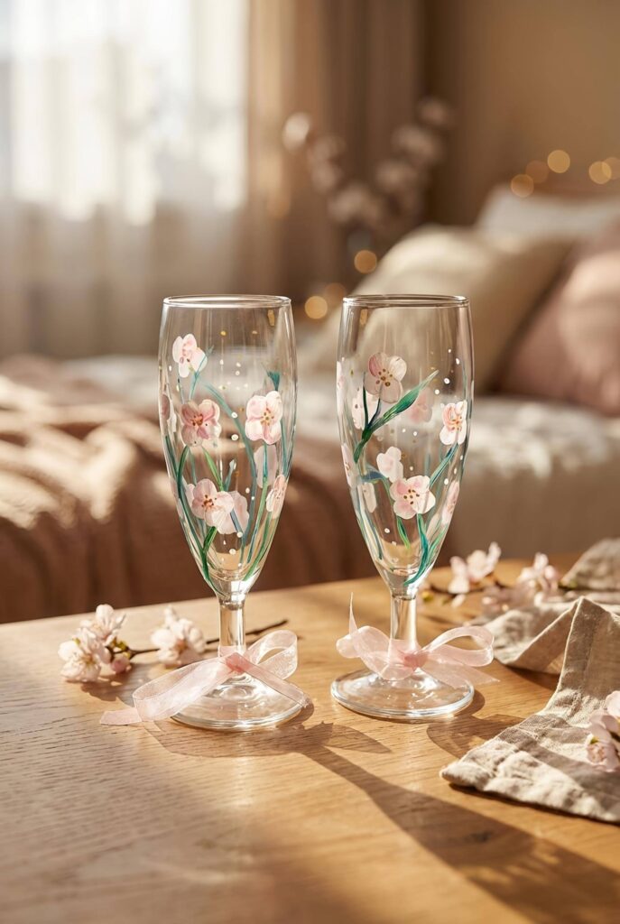 Flûtes en verre peintes à la main, décor floral délicat et lumineux